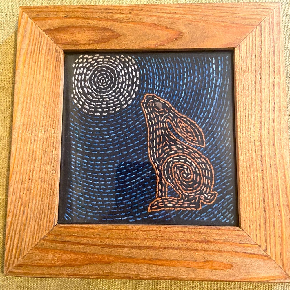 Hand Embroidered Sashiko Moon Gazing Hare